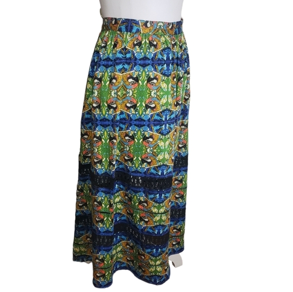 Sam Edelman Tulum Parrot Print Midi Skirt Size 12 Crochet Panels Bird Rockabilly - Picture 4 of 12